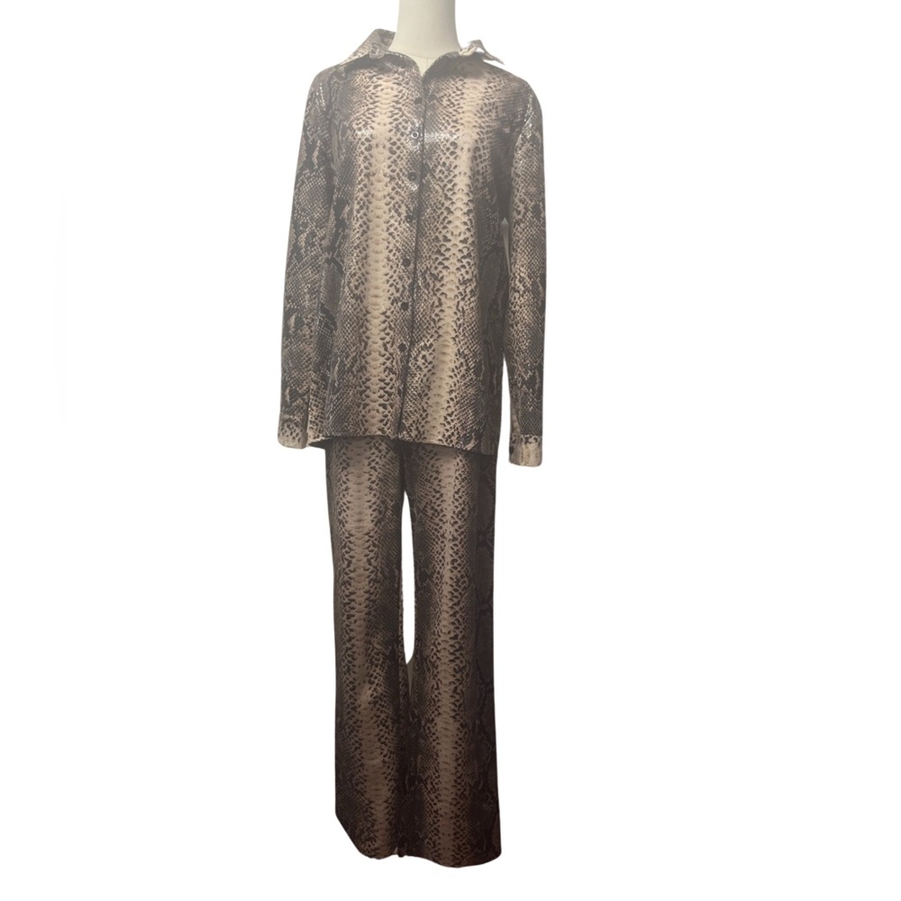 Missguided 2 piece button down with wide leg trouser faux snakeskin